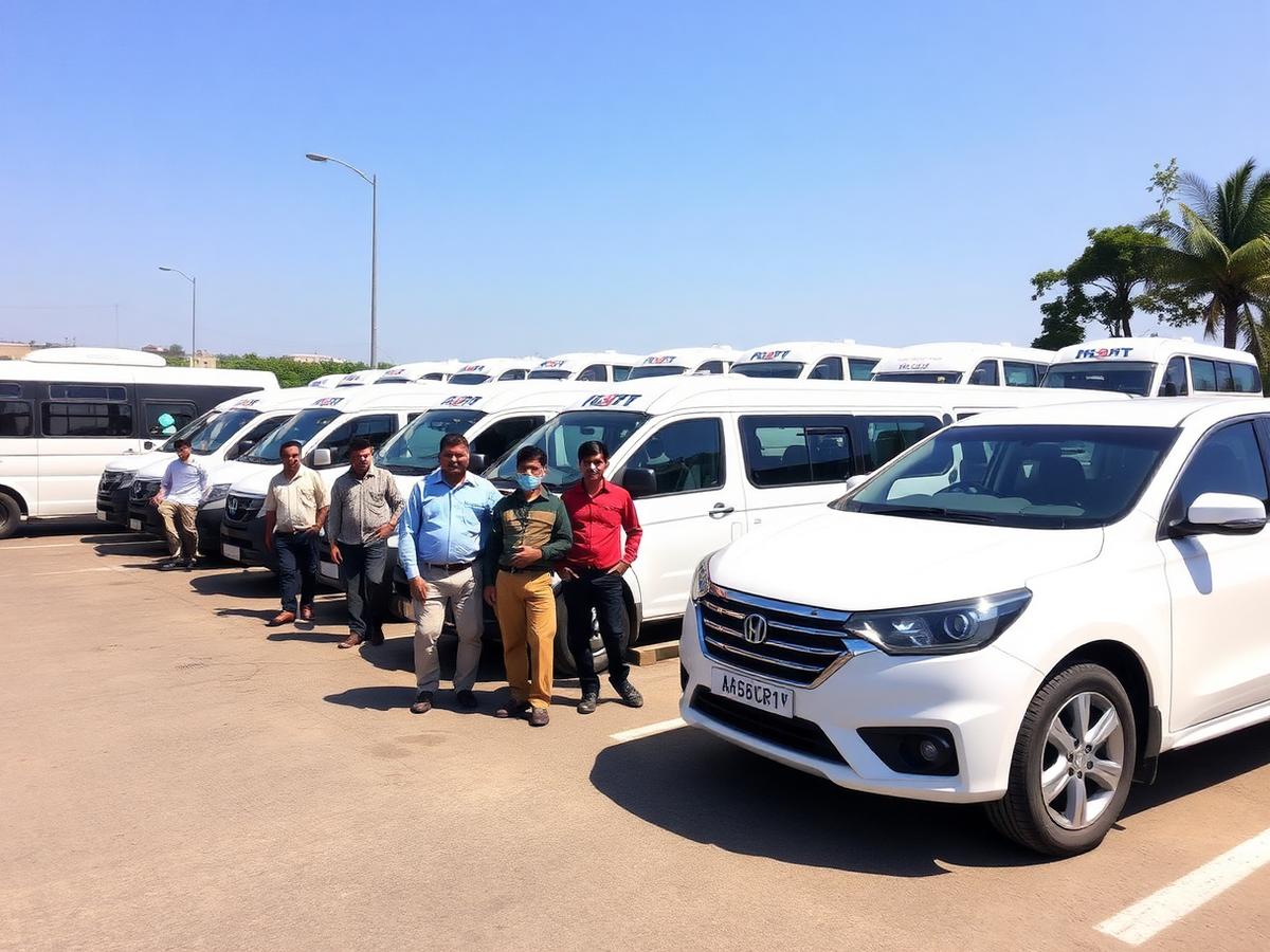 Twelve-seater tempo traveller with passengers boarding