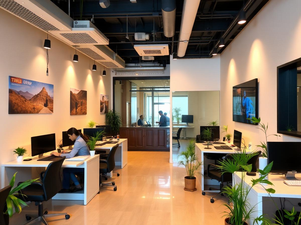 Travel desk agent booking tickets for a customer at the office counter