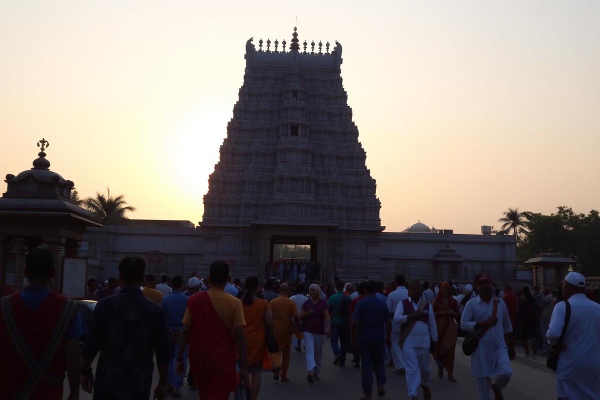 Pilgrims walking towards a South Indian temple gopuram at sunrise