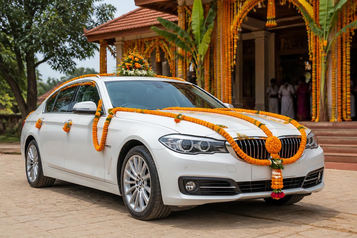 White wedding car decorated with marigold garlands outside a function hall